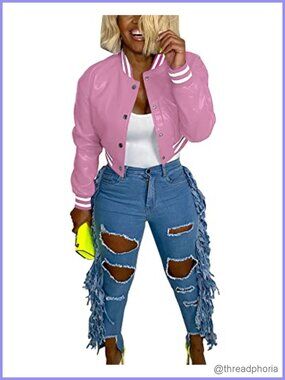 Faux Leather Moto Bomber Jacket Cropped Letterman Baseball Coat